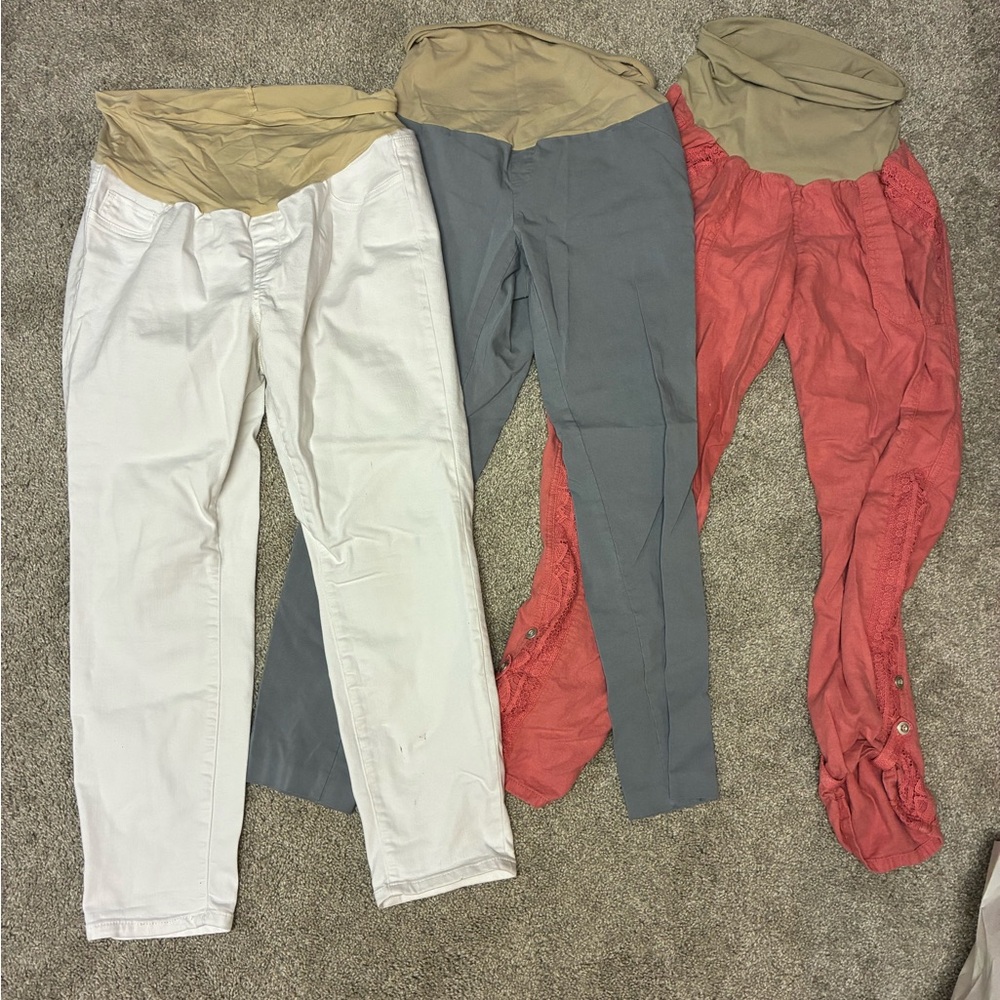 3 Pairs of Maternity Pants in White, Gray, and Coral